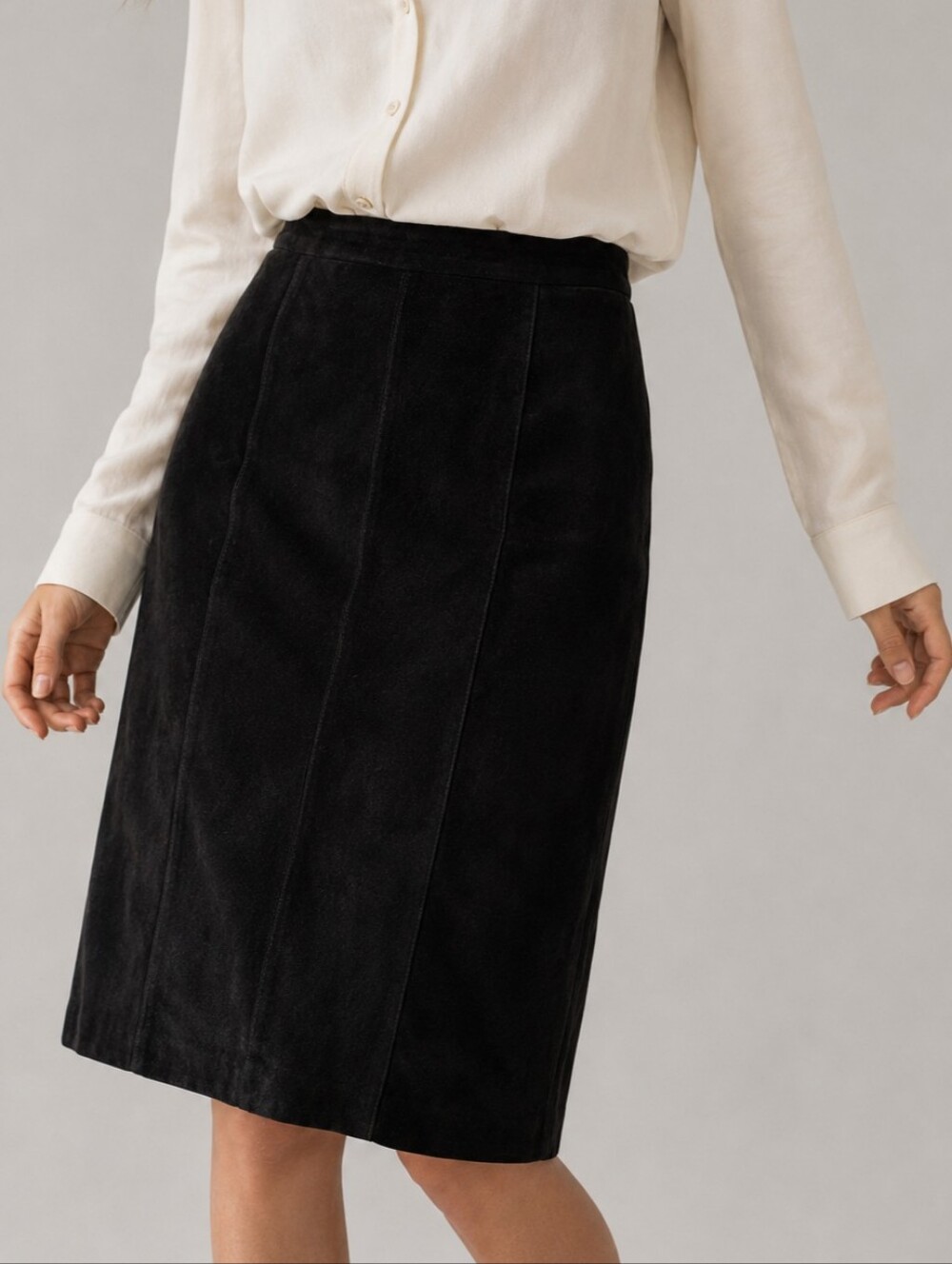 Vintage Paolo Gucci Black Suede Leather Midi Skirt Womens Size 8